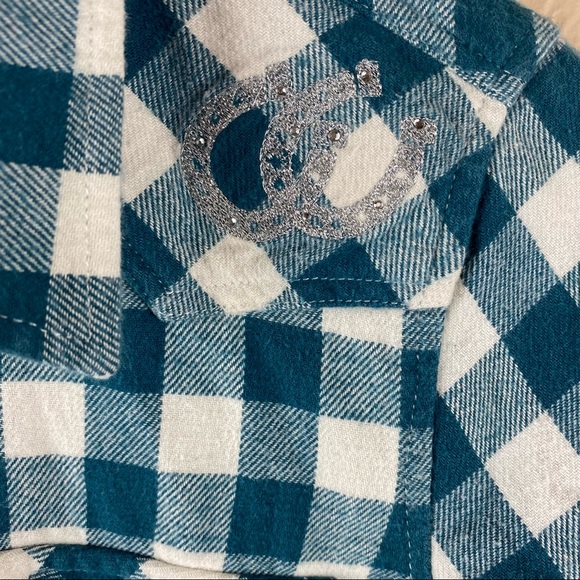Bit and Bridle Green White Plaid Check Flannel Western Shirt Embellished Medium - Picture 4 of 11
